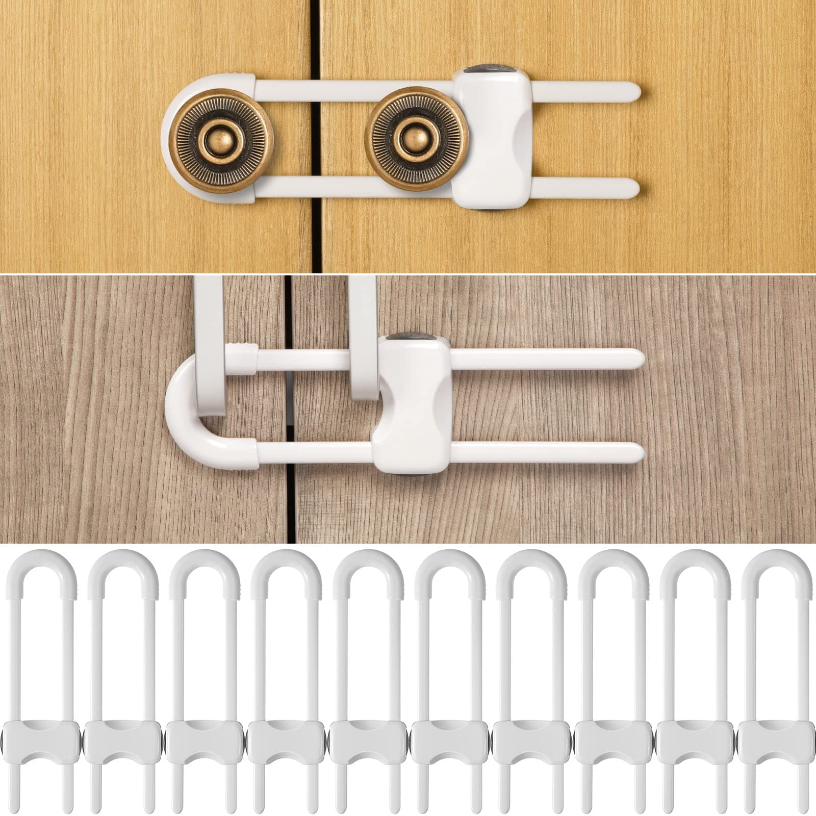 10 Pieces Cabinet Locks for Babies, U-Shaped Proofing Drawers Safety Child Locks Adjustable, Easy to Use Childproof Latch for Knob Handle on Kitchen Door Storage Cupboard Closet (White)