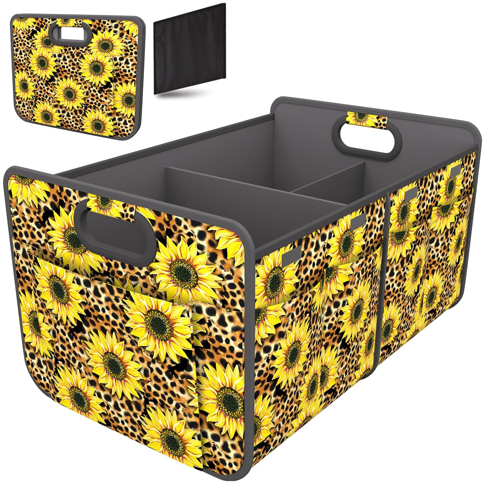 Homeve Trunk Organizer, Car Storage, Reinforced Handles, Collapsible Multi-Compartment, Foldable, Waterproof, Sturdy, 600D Oxford Polyester For Car, SUV, Mini-Van, Sunflower Leopard Print, 2 Compart