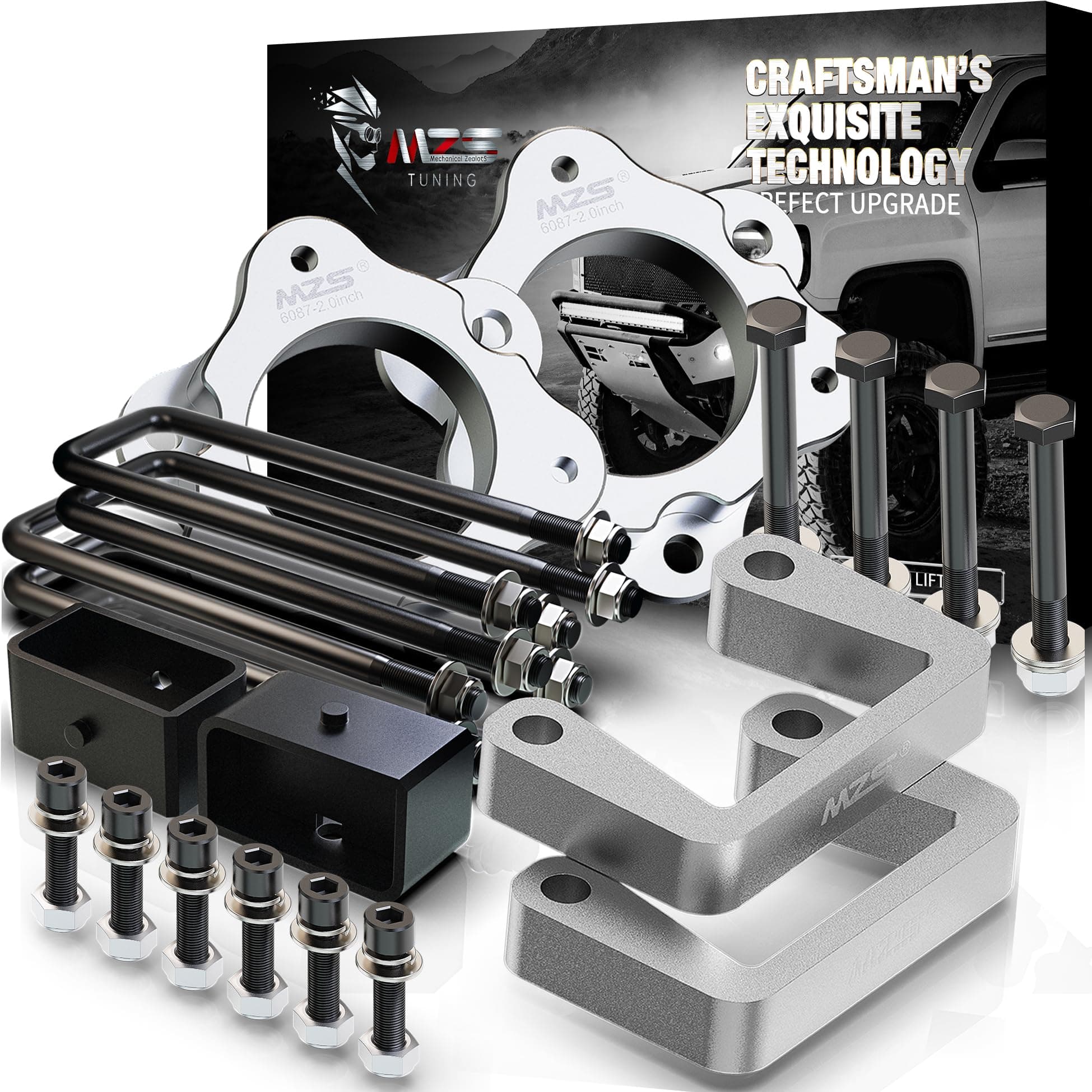 MZS Leveling Kit, 3.5 Inch Front Strut Spacers + 2 Inch Rear Lift Blocks with Extended Square U Bolts Compatible with 2007-2026 Silverado 1500/Sierra 1500 2WD 4WD