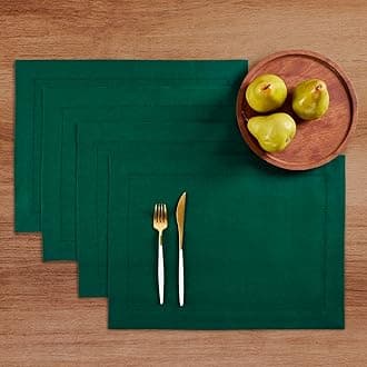 Solino Home Linen Cloth Placemats Set of 4-100% Pure Linen Medium Weight Hemstitch Evergreen Placemats 14 x 19 Inch - Handcrafted and Machine Washable Table Place Mats for Fall, Autumn