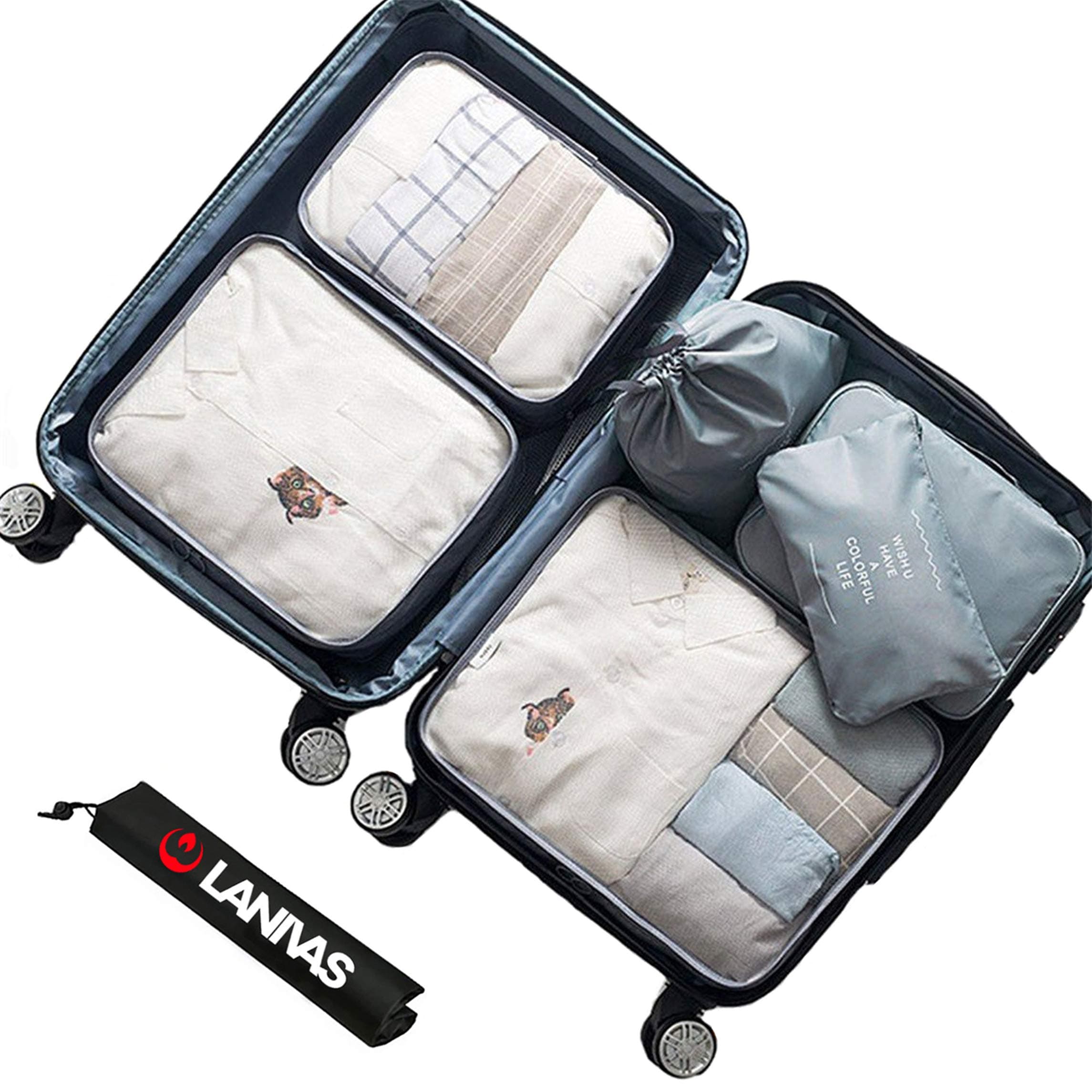 Travel Accessories,Lanivas 7 Various Size Compression Carry On Luggage Toilery Organizers Grey