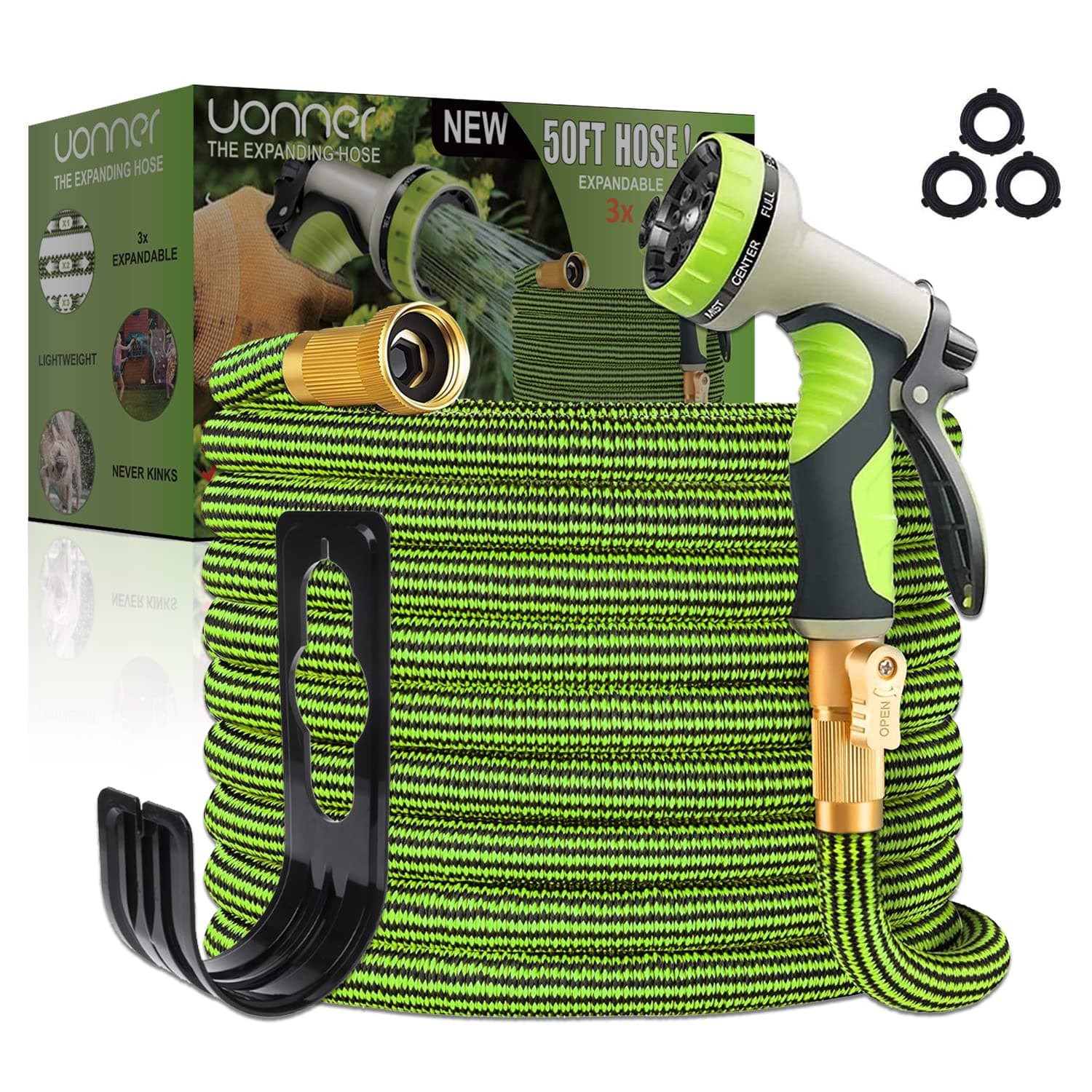 Uonner Expandable Garden Hose, 3/4 inch Solid Brass Fittings, Latex Core, 10 Function Spray Nozzle, kink Free, Extra Strength Fabric Lightweight Expanding Flexible Water Hose（50 ft Green）