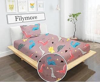 Filymore Small Dinosaurs Single Bedsheet for Kids 240 TC Cartoon Bedcover Made with Pure Microfiber(Size 60 X 90 Inches) 1 Bedsheet 1 Pillow Cover (Color-Brown)