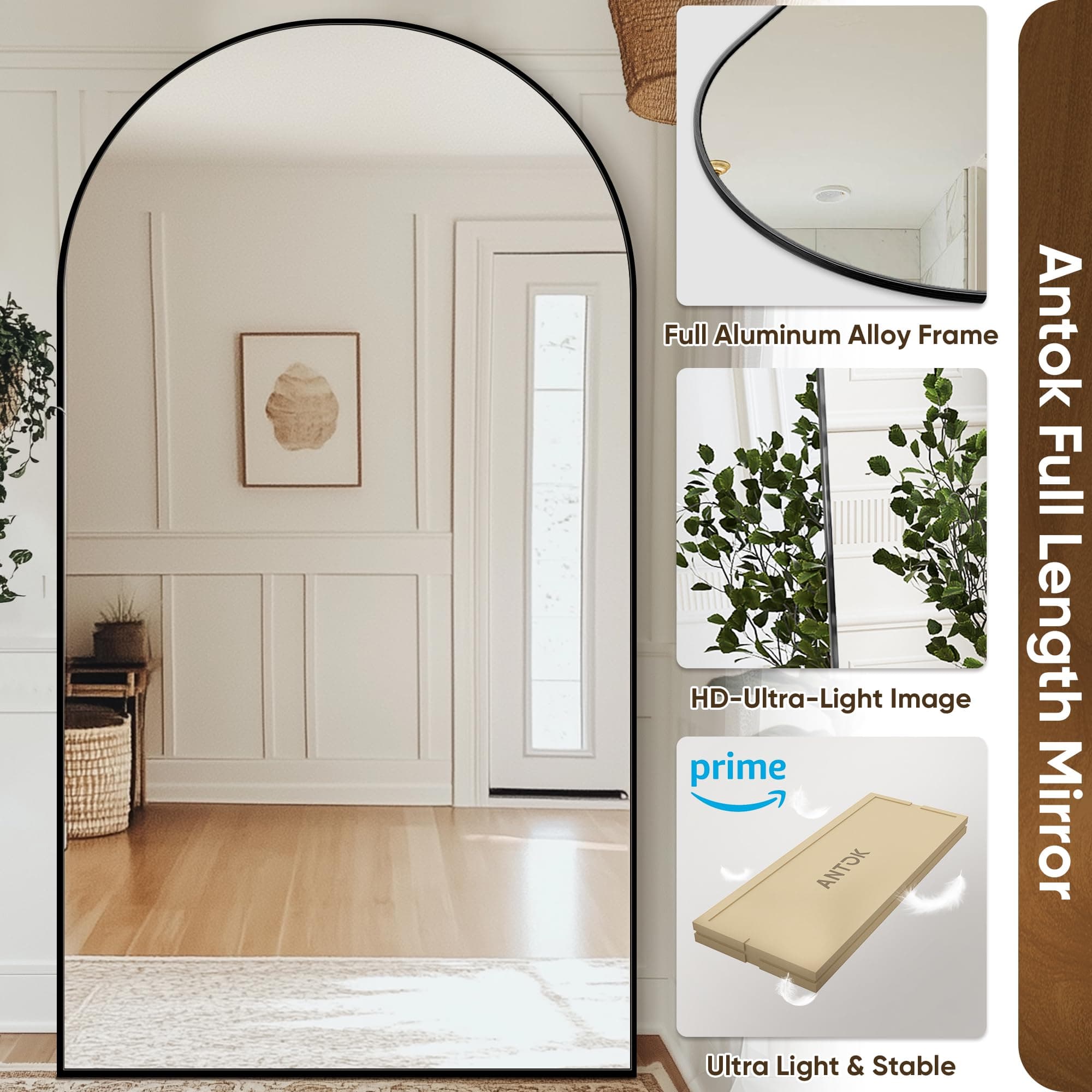 Antok Full Length Mirror, 44"x82" Oversized Floor Mirror, Arched Full Body Mirror with Stand Large Floor Standing Mirror, Hanging Mounted Mirror for Bedroom, Living Room Cloakroom, Black