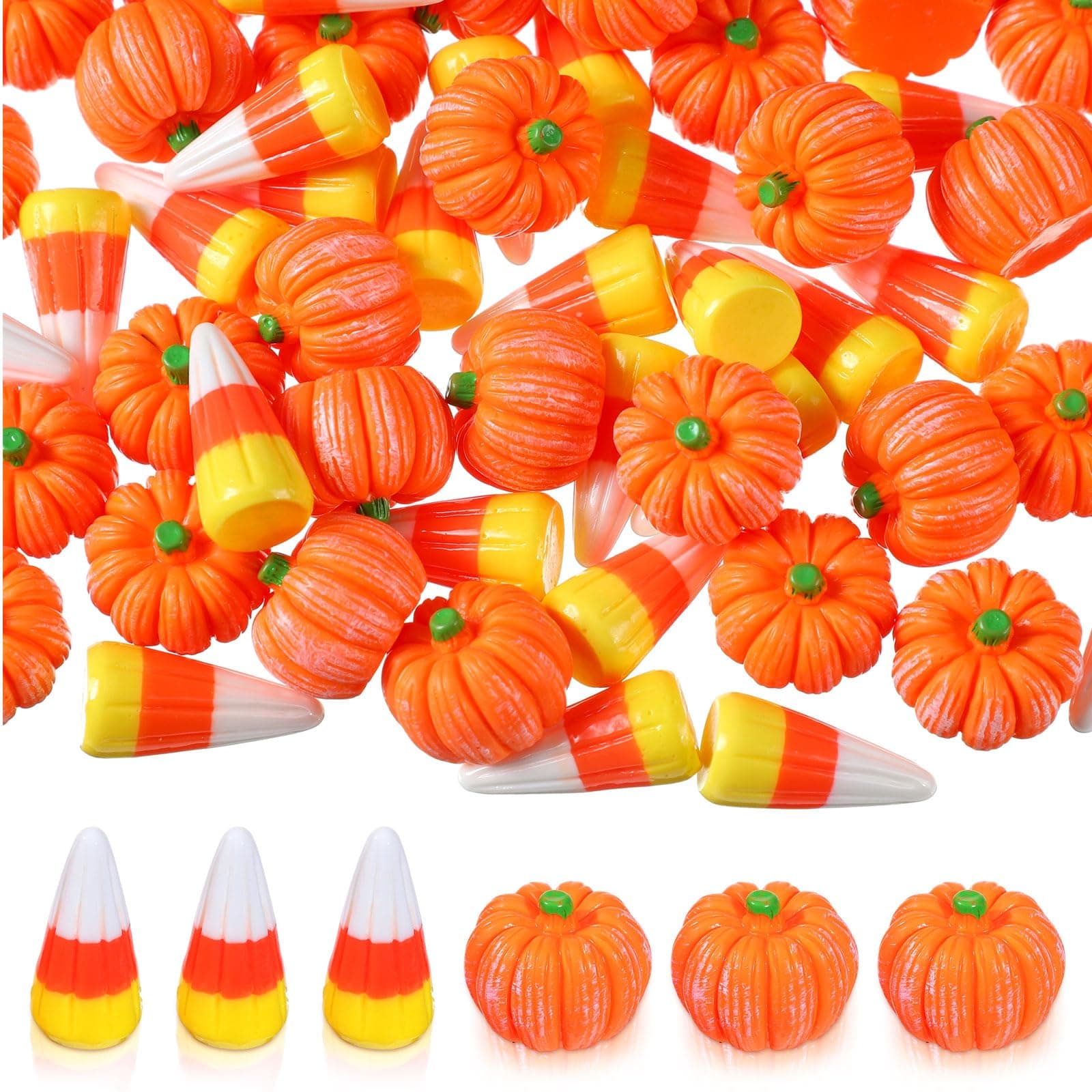 Wettarn60 Pcs Fake Candy Corn Pumpkin Fall Resin Mini Pumpkin Halloween Resin Charms for Craft Making Artificial Candy Decorations for DIY Halloween Fall Thanksgiving Handmake Decor