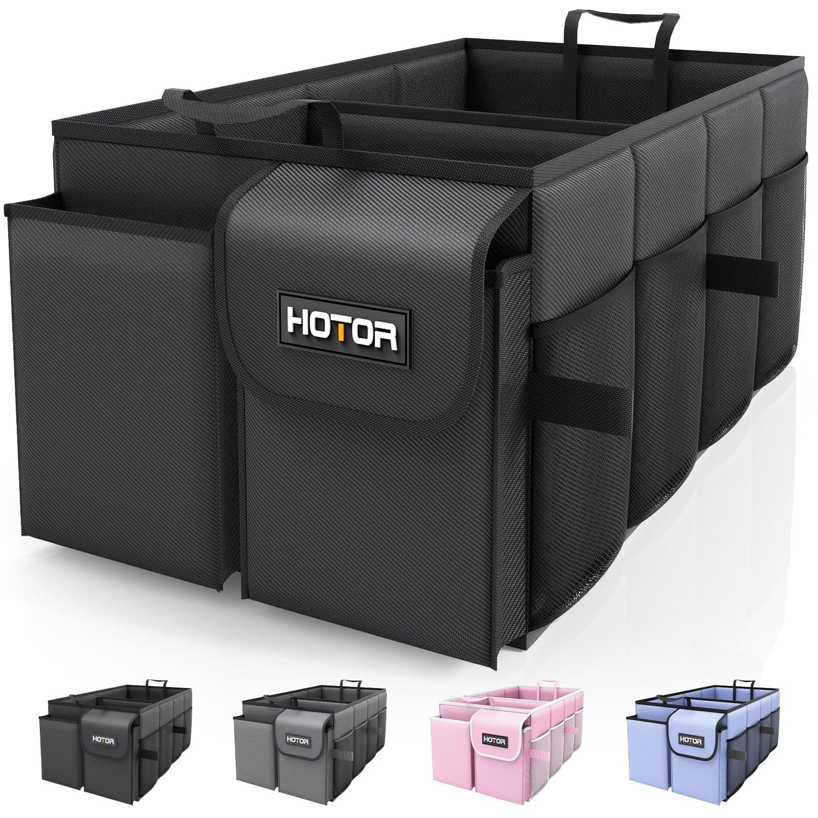 HOTOR Trunk Organizer - Car Organizer, Foldable Trunk organizer for SUVs & Sedans, Sturdy Car Organization for Car Accessories, Tools, Sundries, Black, 2 Compartments, 21.3"×12.6"×10.6"
