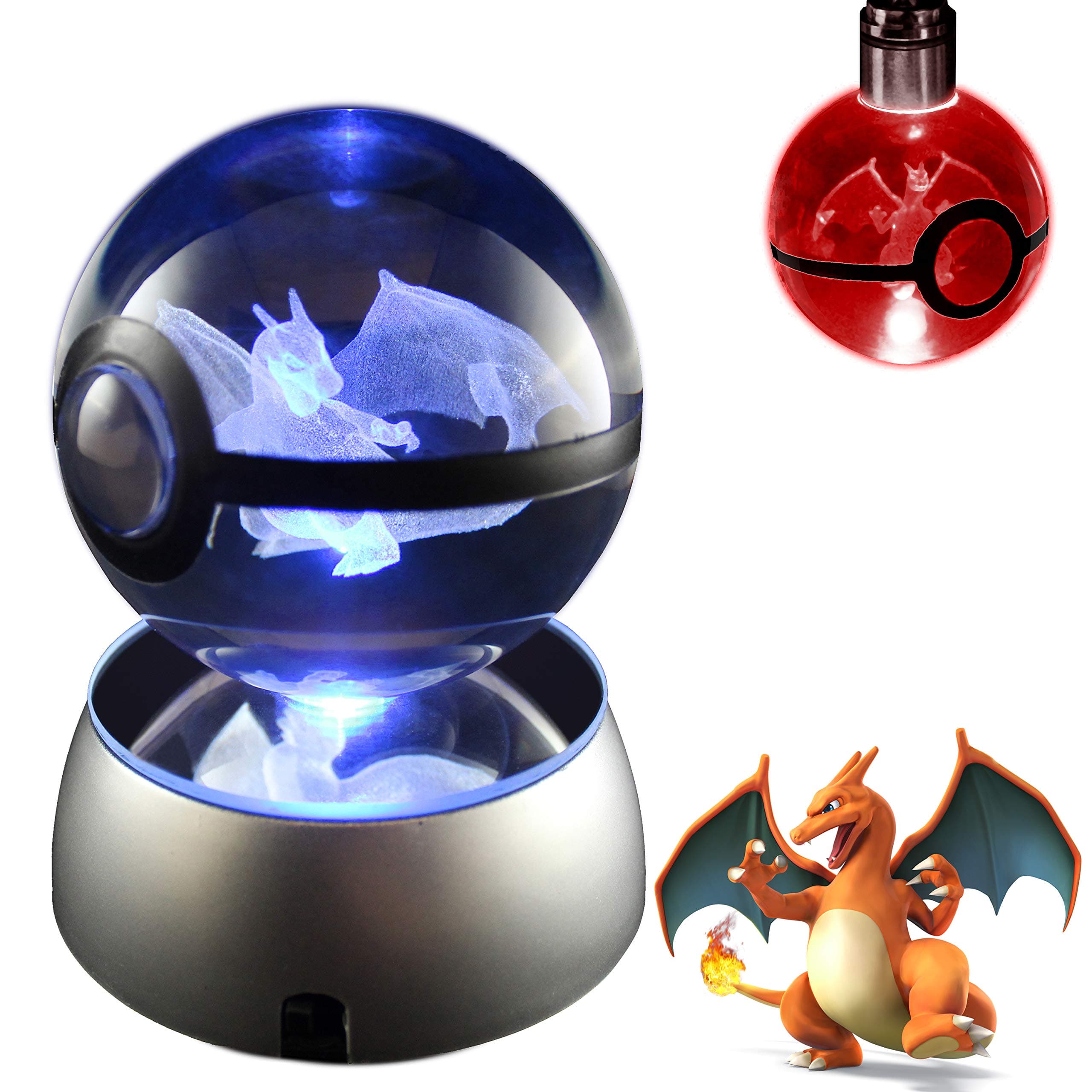 COOLINKO 3D Crystal Ball LED Night Light with LED Keychain Laser Engraving (Charizard)