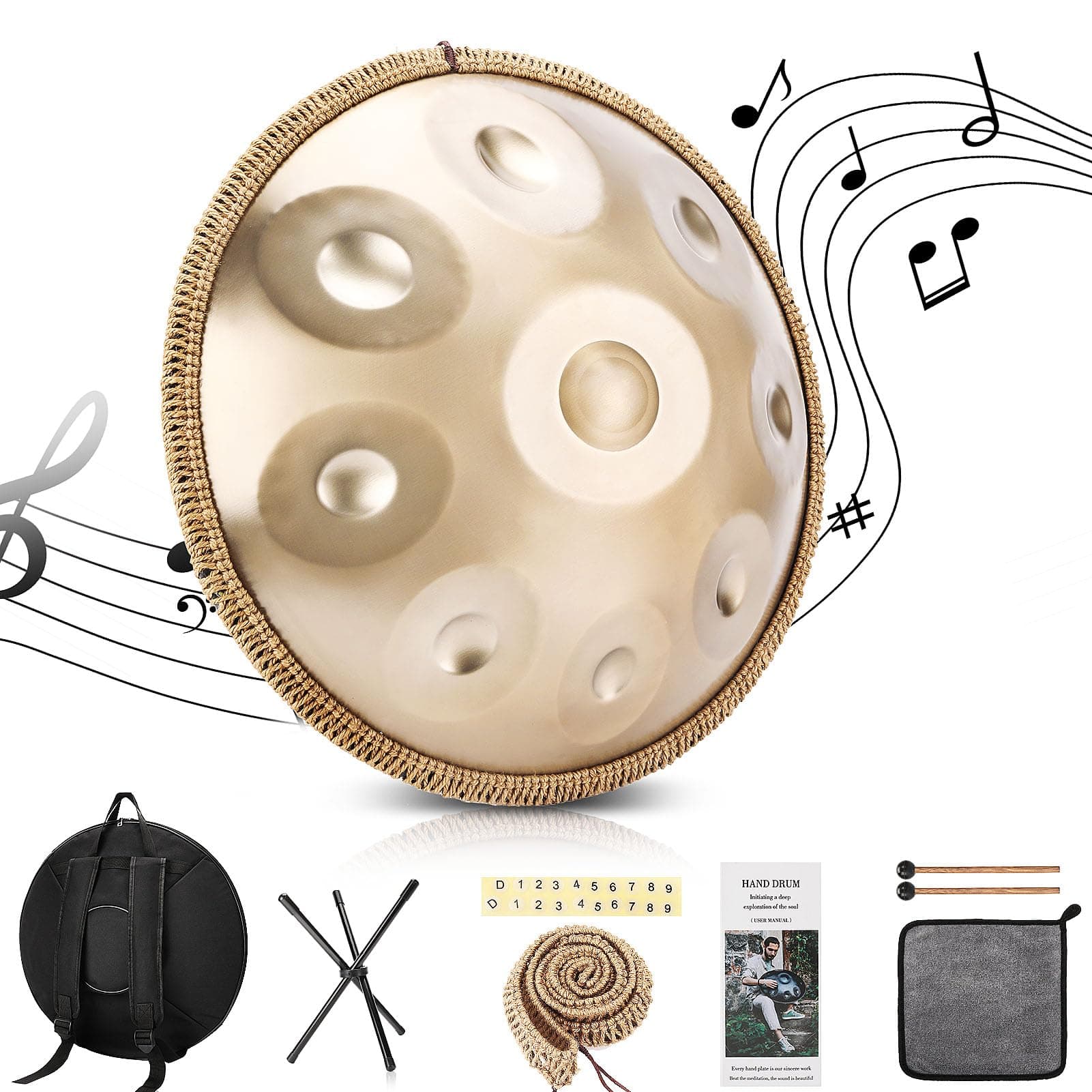 Handpan 22 Inches Drum Set, 440Hz 9 Notes Hand Drum Instrument, Premium Steel Hand Drum, Includes Carrying Case, Drumsticks, Spiral Wraps, Instruction Guide