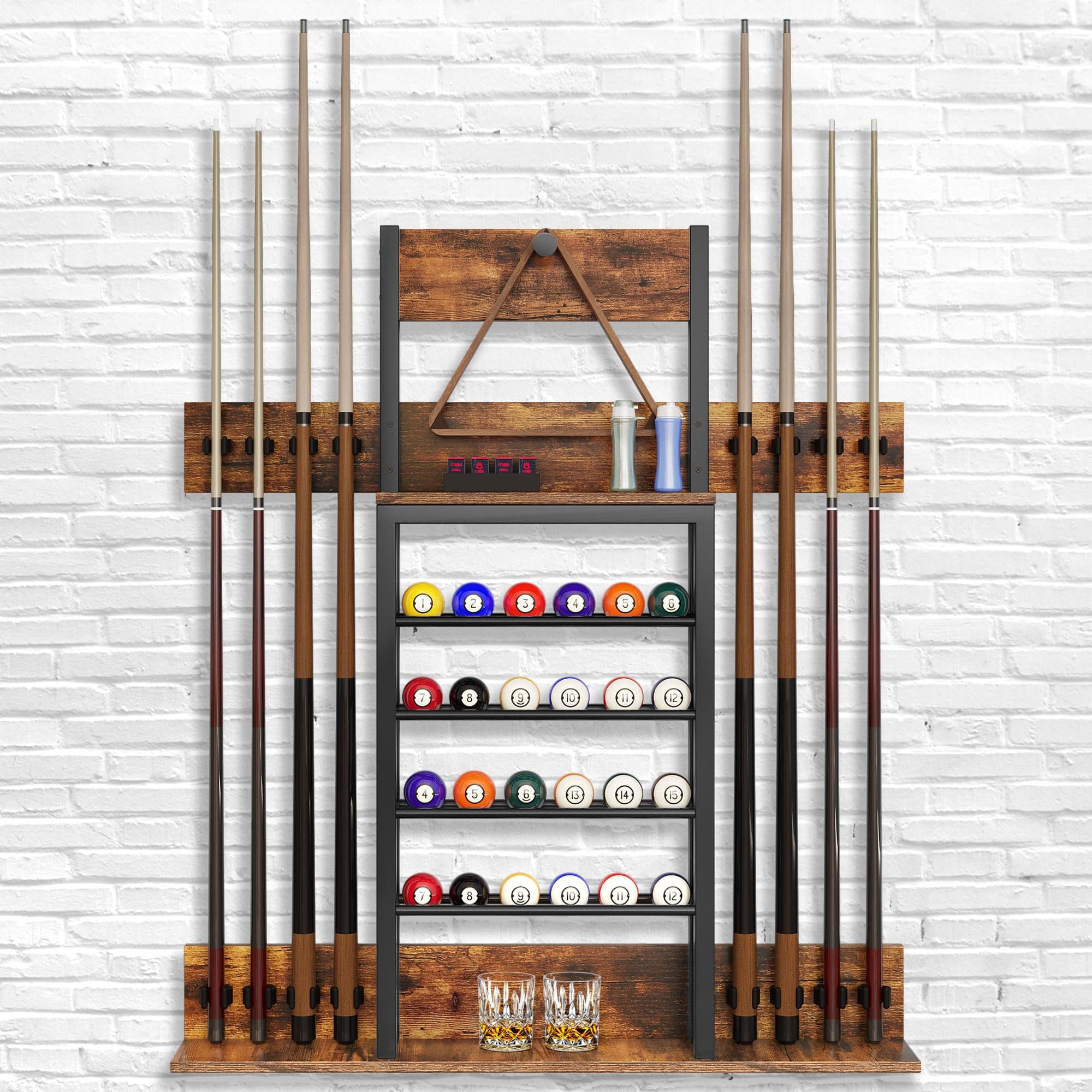 DWVO Pool Stick Holder Wall Mount, Pool Cue Wall Rack Holds 8 Cue Sticks & 24 Balls, Billiard Cue Sticks Rack Pool Table Accessories for Home Billiard Room or Club, Rustic Brown