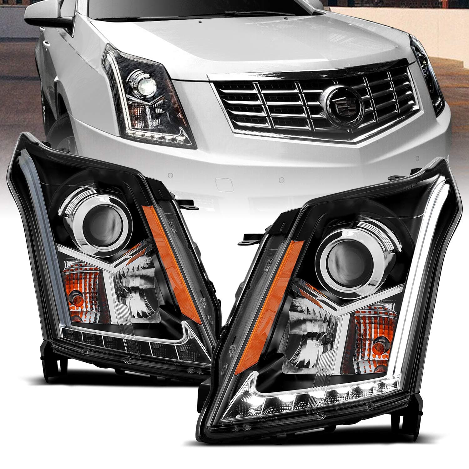 AmeriLite Black Projector Headlights Plank LED Bar Set For Cadillac SRX - Passenger and Driver Side