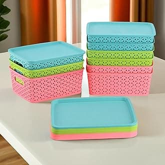 Kuber Industries 9 Pcs Stackable Plastic Storage Box with Lid | H5 Multi-Purpose Basket for Storage - Ideal Home Organizers for Baby Dress, Stationary, Medicine & Pooja Items | Multicolor