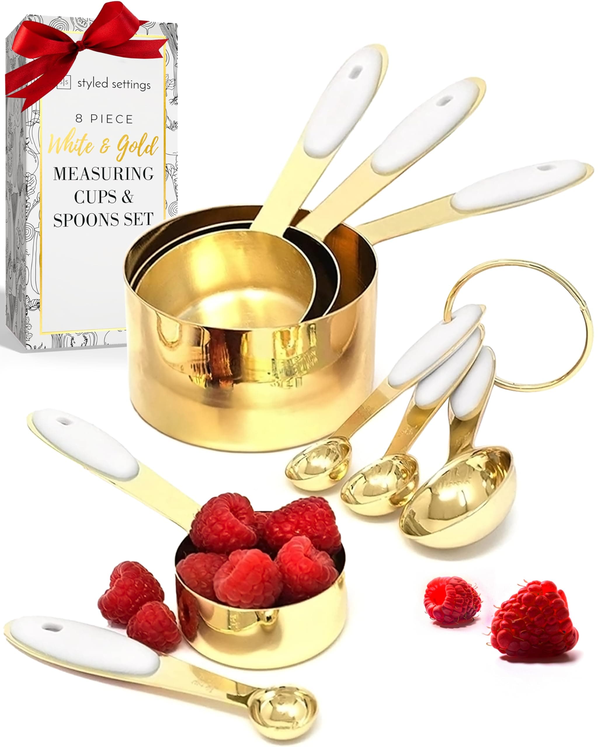 STYLED SETTINGS White & Gold Measuring Cups and Spoons Set - Cute 8PC Stainless Steel with Silicone Handle Kitchen Accessories