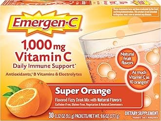 Emergen-C 1000mg Vitamin C Powder for Daily Immune Support Caffeine Free Vitamin C Supplements with Zinc and Manganese, B Vitamins and Electrolytes, Super Orange Flavor - 30 Count