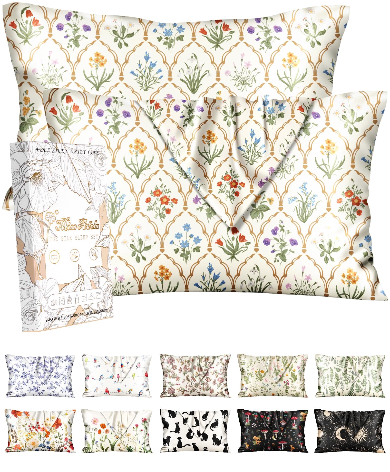 2 Pack Silk Pillowcase - 20x36 Inch King Size Silk Pillow Case with Hidden Zipper for Women Lady Smooth Soft Breathable Cute Design Pillowcase for Hair and Skin, Check Flower