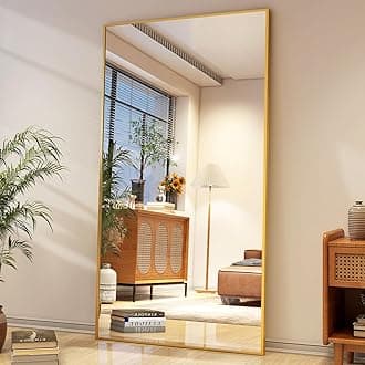 Full Length Mirror with Stand 34"x76" Full Body Mirror Floor Mirror Standing Hanging or Leaning Wall, Wall Mirror with Stand Aluminum Alloy Frame for Living Room Bedroom Cloakroom,Gold