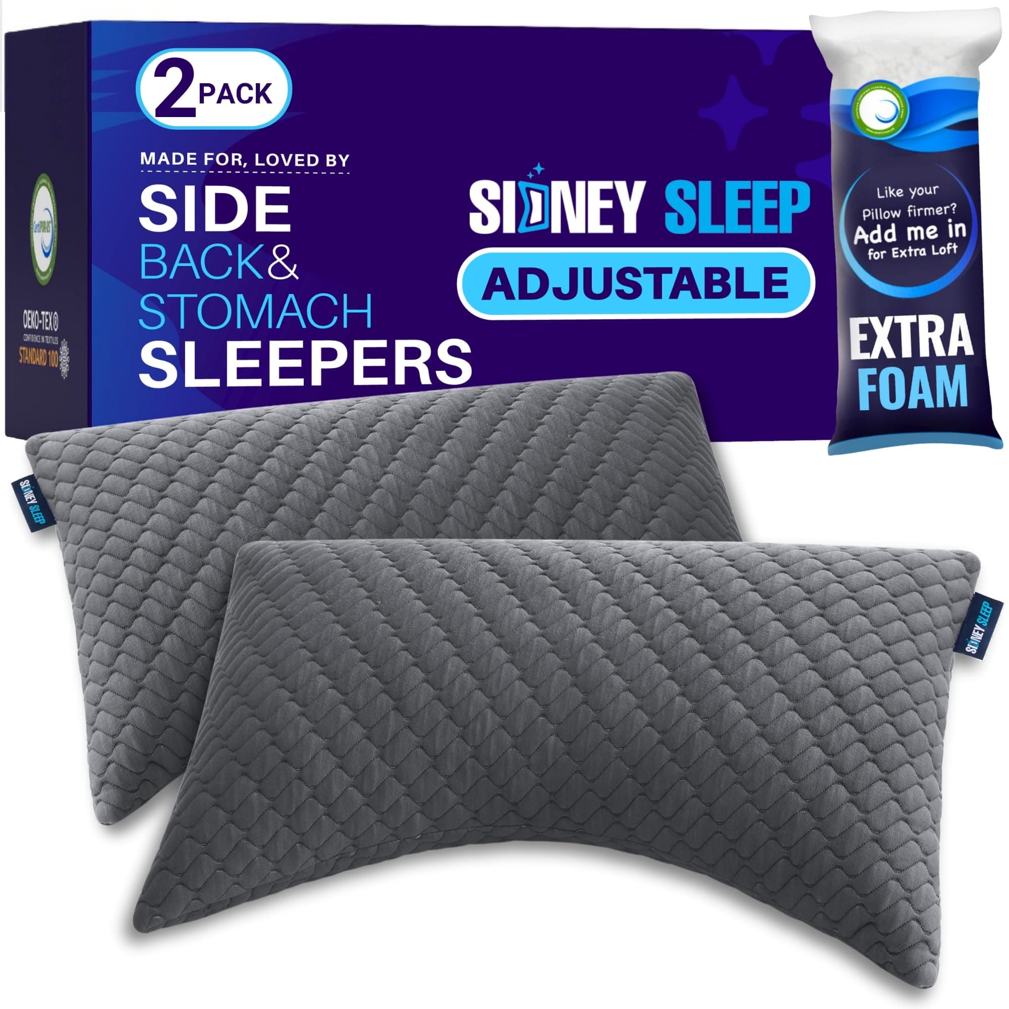 Sidney Sleep Set of 2 Queen Size Bed Pillows for Side and Back Sleepers - Adjustable Filling - Memory Foam Pillows for Neck and Shoulder Pain - Customizable Loft - Extra Foam Included (Grey)