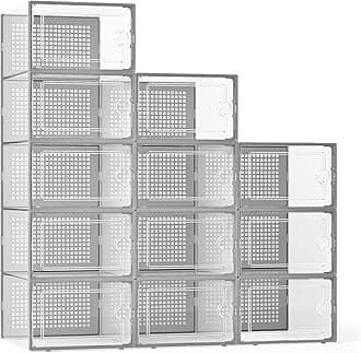 Large Gray Shoe Organizers Storage Boxes for Closet 12 Pack, Kuject Clear Plastic Stackable Shoe Containers Bins with Lids, Under Bed Shoe Storage for Entryway, Drop Front, Fit up to Women's Size 12