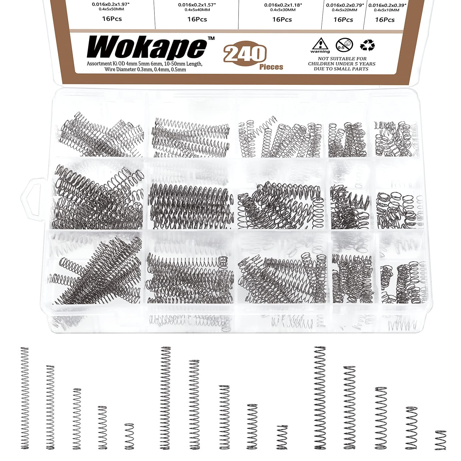 240Pcs 15 Sizes Compression Springs Assortment Kit, Mini Stainless Steel Extension Springs for Shop and Home Repairs, 0.39" to 1.97" Length, 0.16" to 0.24" OD, 10mm - 50mm Length, 4-6mm OD