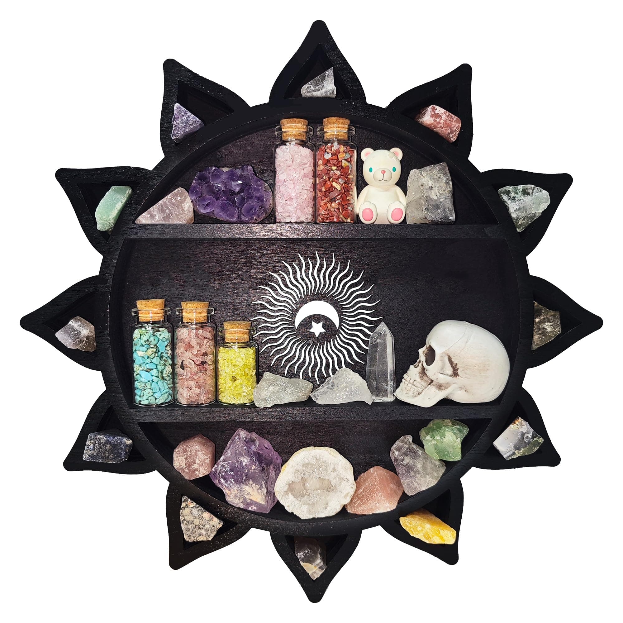 Crystal Shelf Display for Wall, Crystal Display Shelf Chakra Wooden Lotus Flower Crescent Moon Shelf Wall Decor, Decorative Home Floating Shelf Stone Storage Gem Holder Boho Hanging Organizer