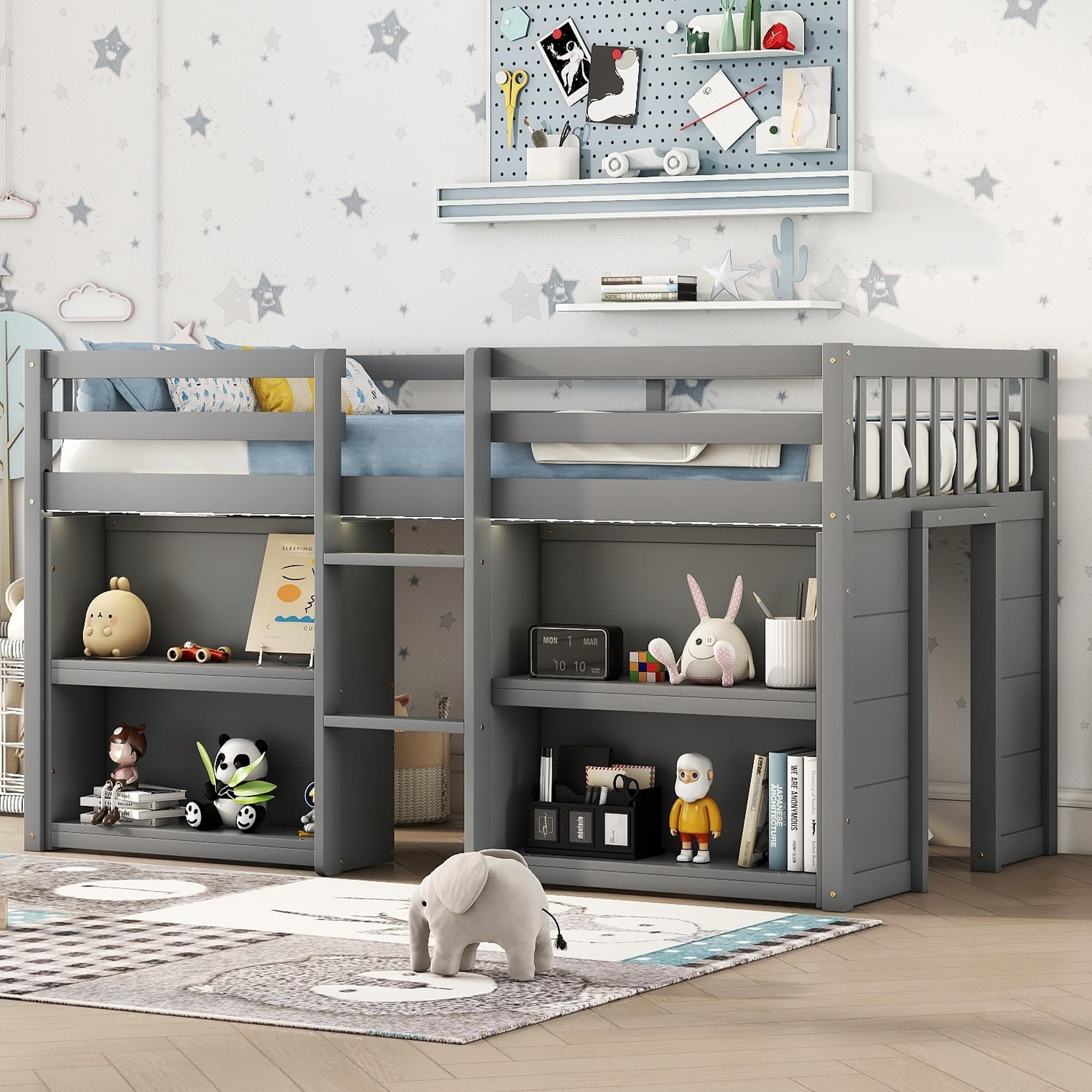 LED Twin Size Low Loft Bed, Kids Loft Bed with Storage Shelves,Twin Low Loft Bed Frame with LED Light for Kids,Boys,Girls,Grey