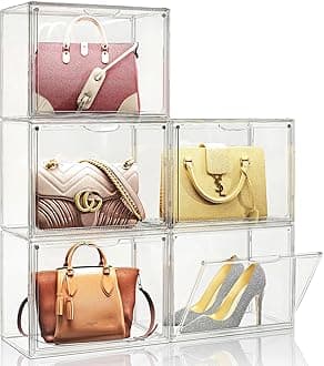 Clear Purse Organizer for Closet, 5 Pack Handbag Storage Organizer, Acrylic Display Case for Collectibles, Stackable Storage Bins with Magnetic Lids for Figure, Wallet, Clutch, Doll