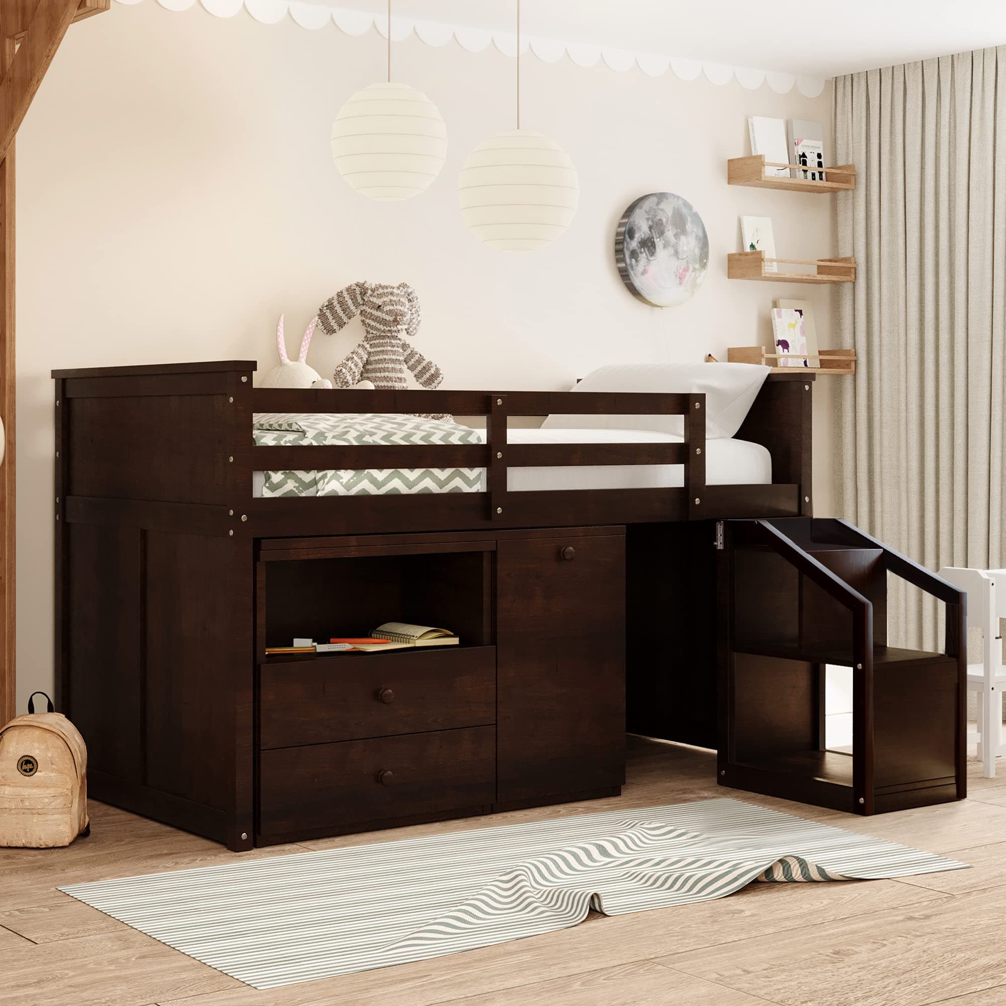 Lepfun Loft Bed,Loft Bed Low Study Twin Size Loft Bed with Storage Steps and Portable for Bedroom,Guest Room and Dorm,Mutifuctional Low Loft Bed Desk for Kids,Teens,Boys,Girls,Noise Free,Espresso