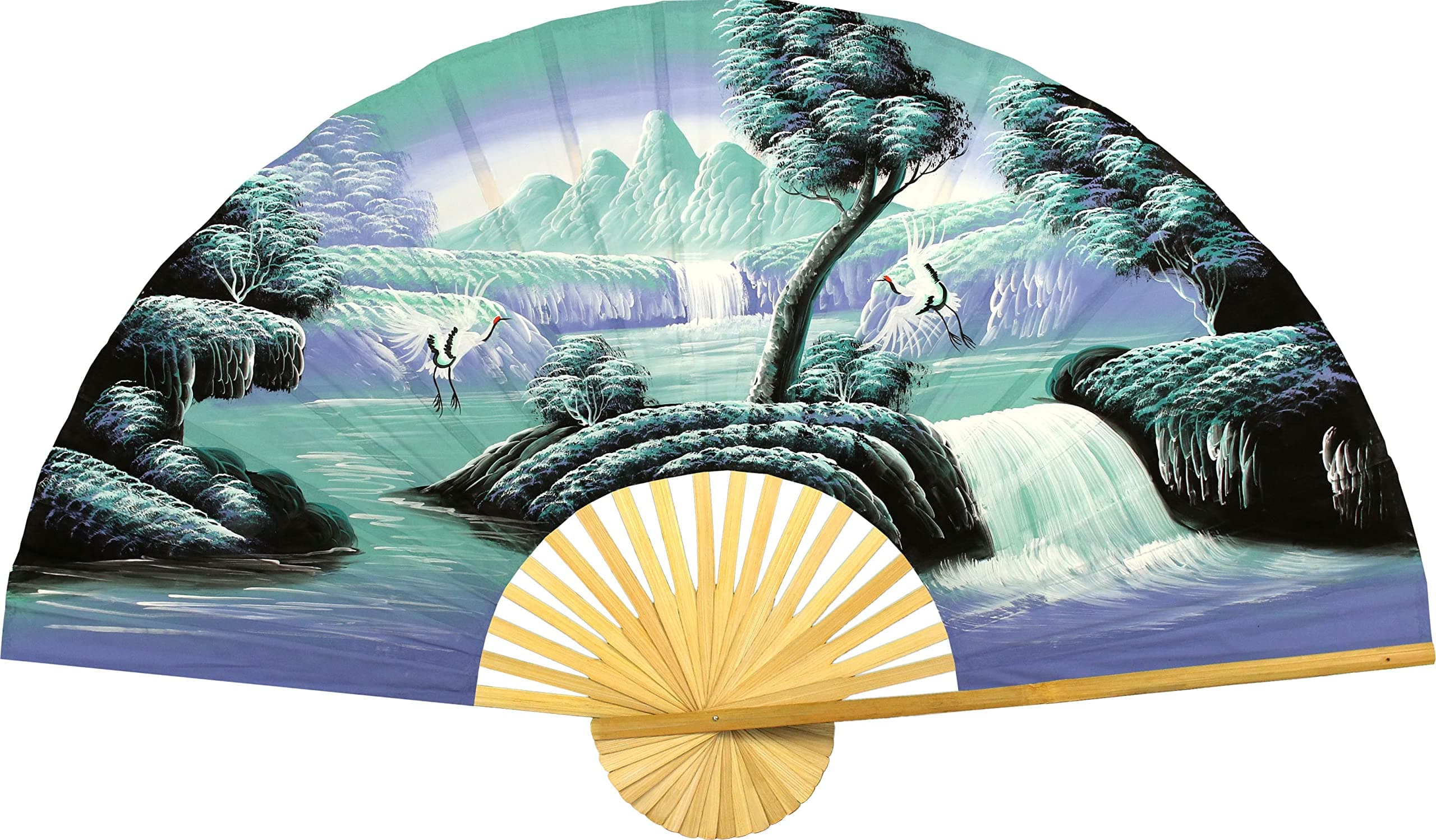 Chinese Cranes Giant Folding Wall Fan Hand-painted Decorative Wall Decor Art, Handmade Original Acrylic Landscape Painting on a Natural Bamboo Frame for Living Room or Bedroom Decoration, Rustic, Boho (40 inch wide, Aqua Fantasy)