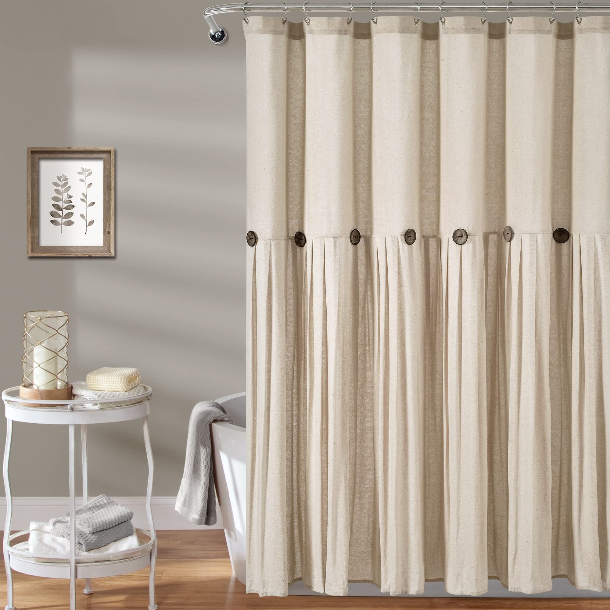 Linen Button Shower Curtain, 72" W x 72" L, Dark Linen - Rustic Shower Curtain - Color Block Bath Curtain With Coconut Button Detail- Country & Modern Farmhouse Bathroom Decor