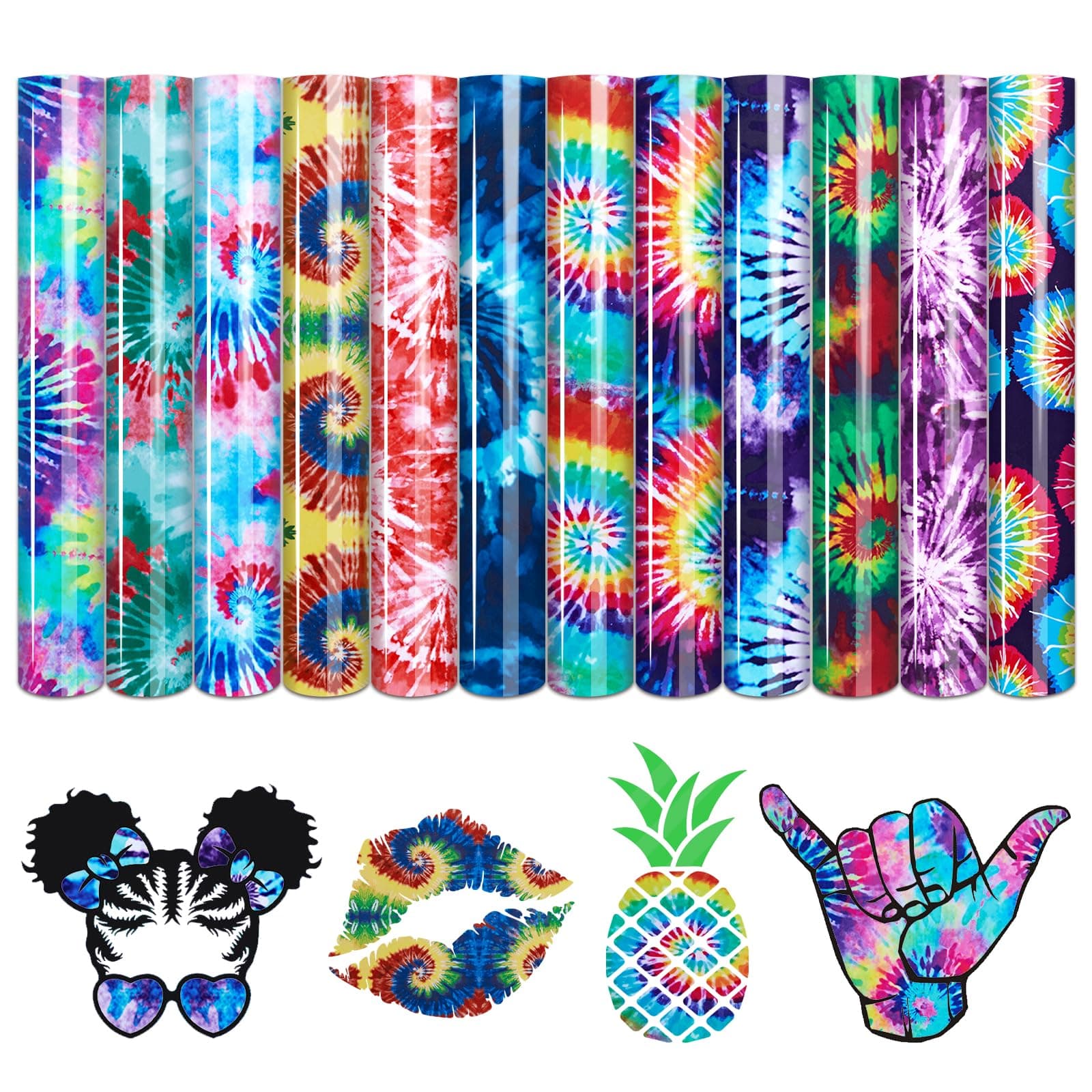 Tintnut Tie Dye Heat Transfer Vinyl - 12 Sheets Bundle, 10x12 Inch, Watercolor Swirl Patterned Iron on Vinyl for T-Shirts