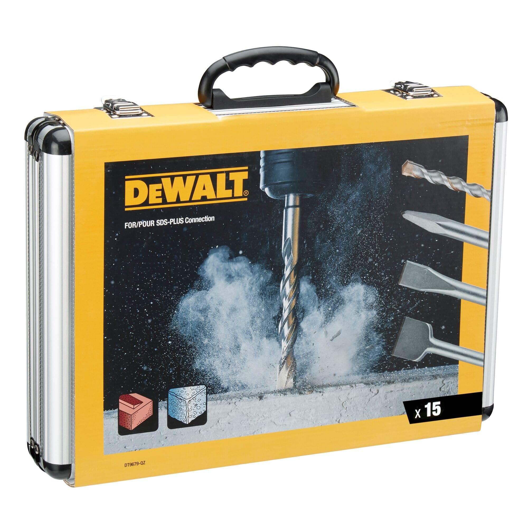 Chisel and Drill Set, 15 Pieces SDS Plus: 4 x Flat chisels, 1 x Pointed Chisel, 10 x SDS Plus high Performance Drill bits, Including 1 x Aluminium case, DT9679