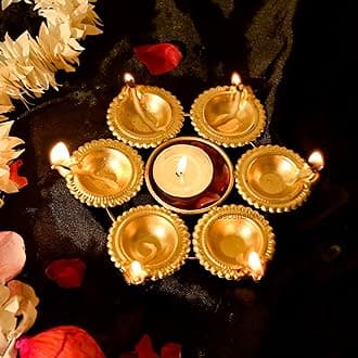 ascension Diya Shape Flower Decorative Urli Bowl for Home Diwali Decor with 6 Attached Oil Diyas for Floating Flowers and Tealight Candles Home Table Diwali Decoration Items for Pooja Room (7 inch)
