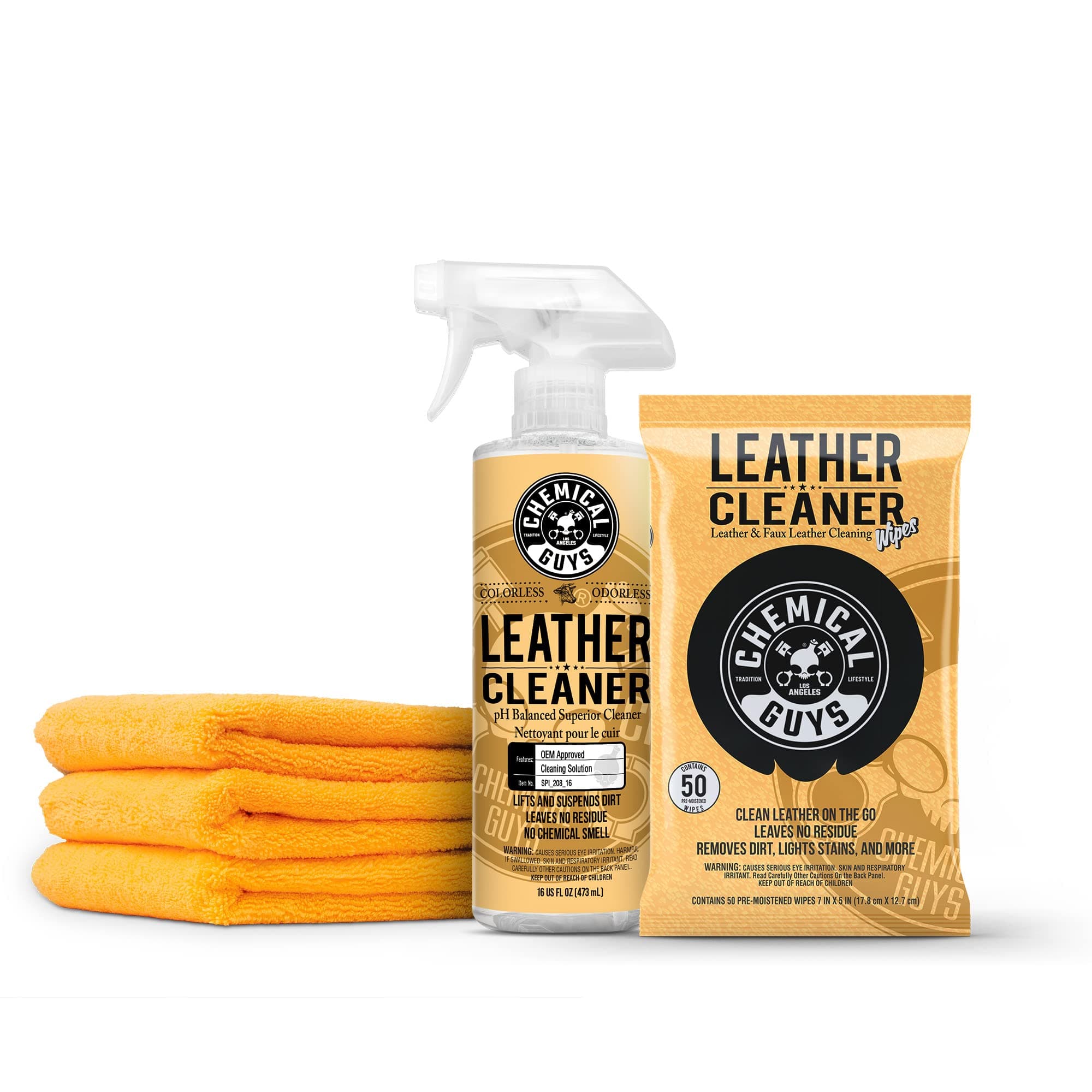 Chemical Guys SPI_208_16KIT Complete Leather Cleaner Kit - 5 Items Including (1) 16 oz Sprayable Leather Cleaner, (1) 50 Pack of Leather Wipes & (3) 16"x16" Microfiber Towels