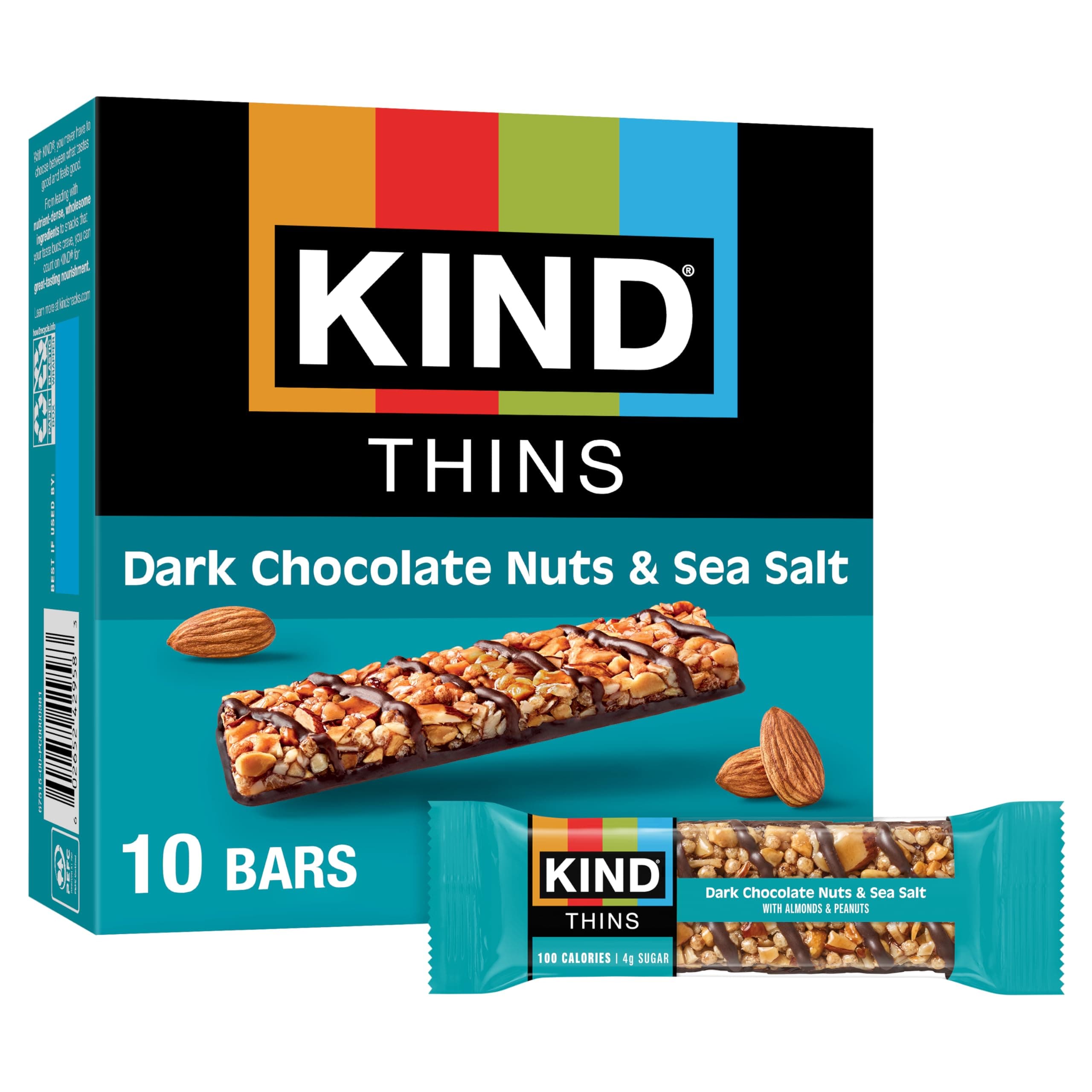 KIND Thins Snack Bars, Dark Chocolate Nuts & Sea Salt, Gluten Free, Low Calorie, Healthy Snacks, 4g Sugar, 10 Count