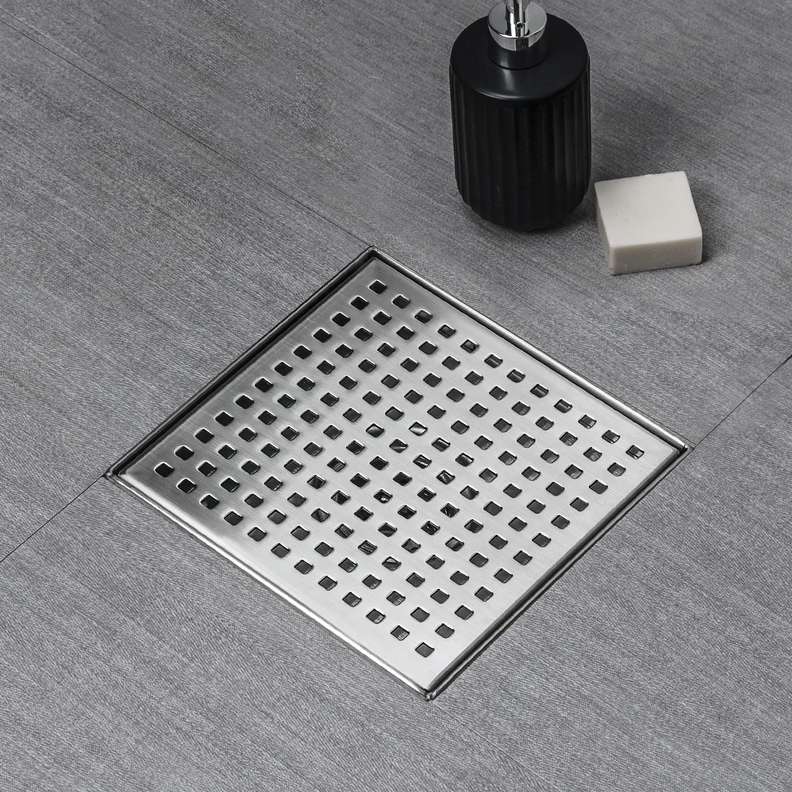 SaniteModar Shower Drain 4 inch with Removable Square Hole Panel, 304 Stainless Steel Brushed Shower Drain Equipped Hair Filter and Threaded Joint with Rubber Ring