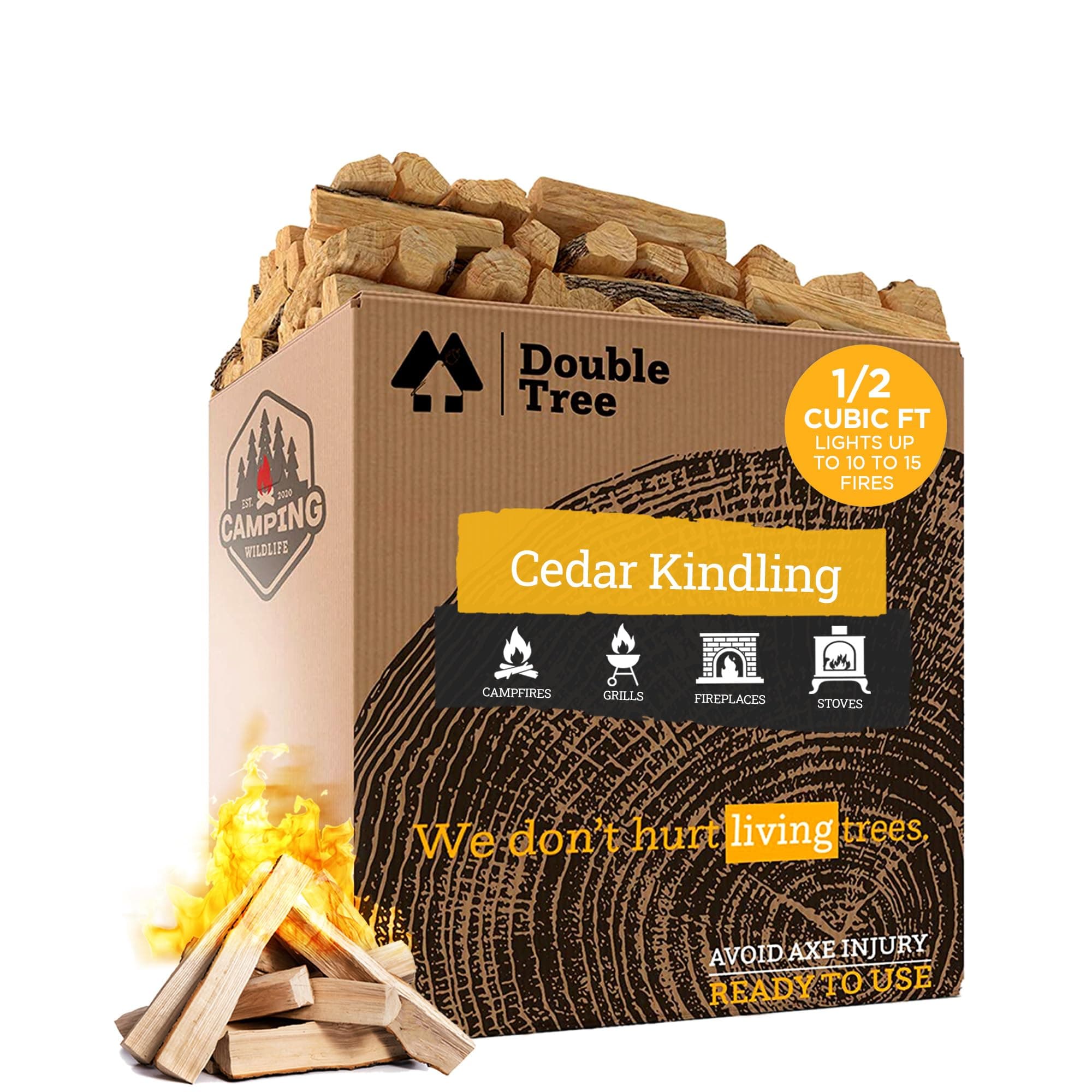Double Tree Fire Starter Sticks - 100% Natural Cedar Wood Kindling, Quick & Easy Burning for Campfire, Camping Cooking Stove, Fire Pit, Fireplace & Grilling, lndoor & Outdoor - (Medium 1/2 Cubic ft)