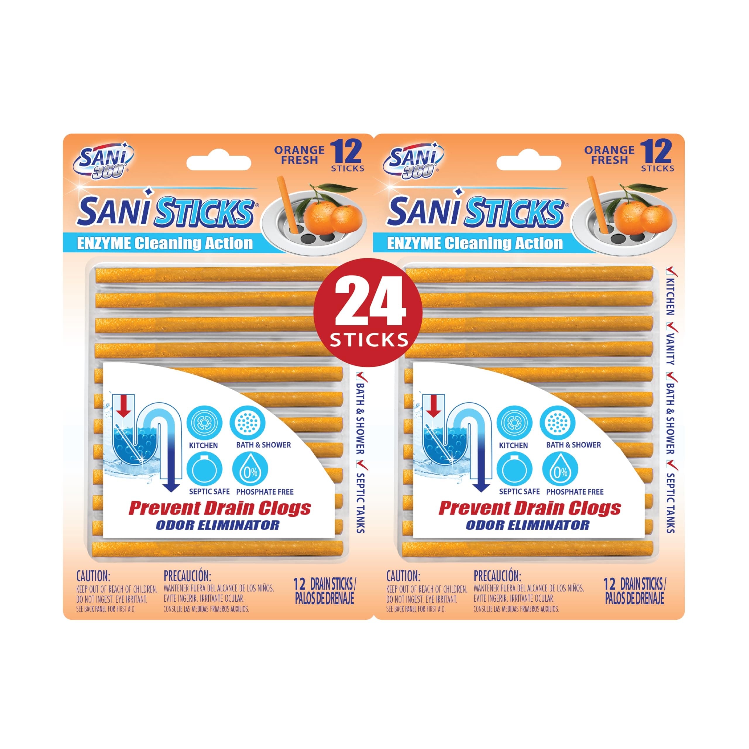 Sani Sticks Drain Cleaner and Deodorizer, 24 Count, Orange Scent Enzyme Pipe Cleaners, Eliminate Odors, Prevent Clogged Drains, Safe for Sinks, Bathtub Drains, Septic Tanks