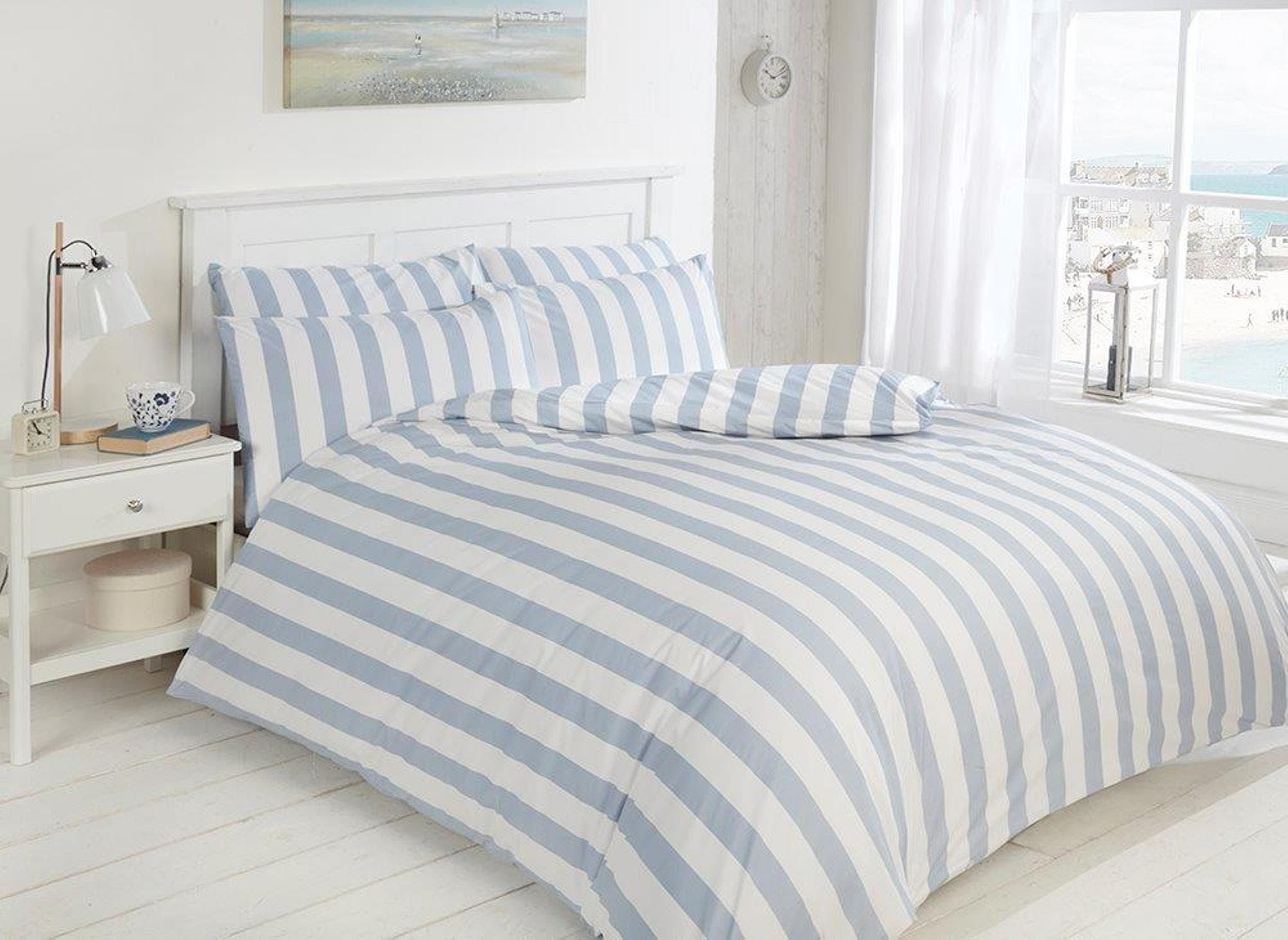 Dalbury EASY CARE Morley Stripe Bed Set, Blue and White, Luxury 200tc Duvet and Pillowcase (Superking)