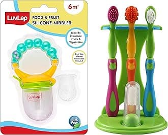 LuvLap 4 Stage Baby Oral Care Set & Kids' Primary Teeth & Gums, Infant Gum Massager, 2 Toddler Brushes, One Training Manual Toothbrush, & Pearly Food & Fruit Nibbler, 4 pieces