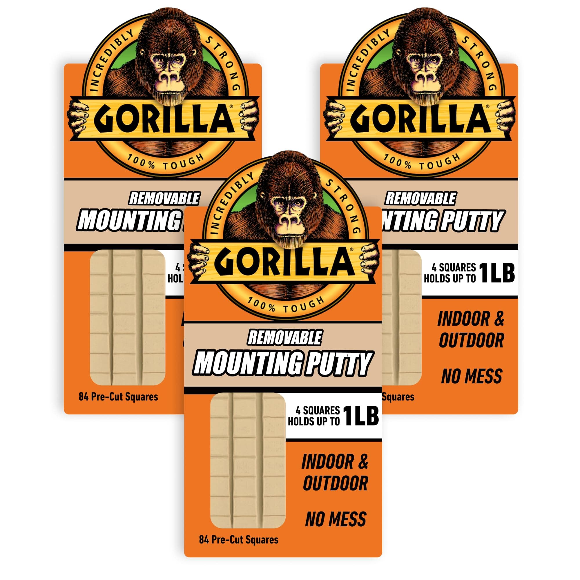 Gorilla Mounting Putty, Natural Tan Color, 84 Pre-Cut Squares (Pack of 3) - Non-Toxic Removable & Repositionable Wall Putty
