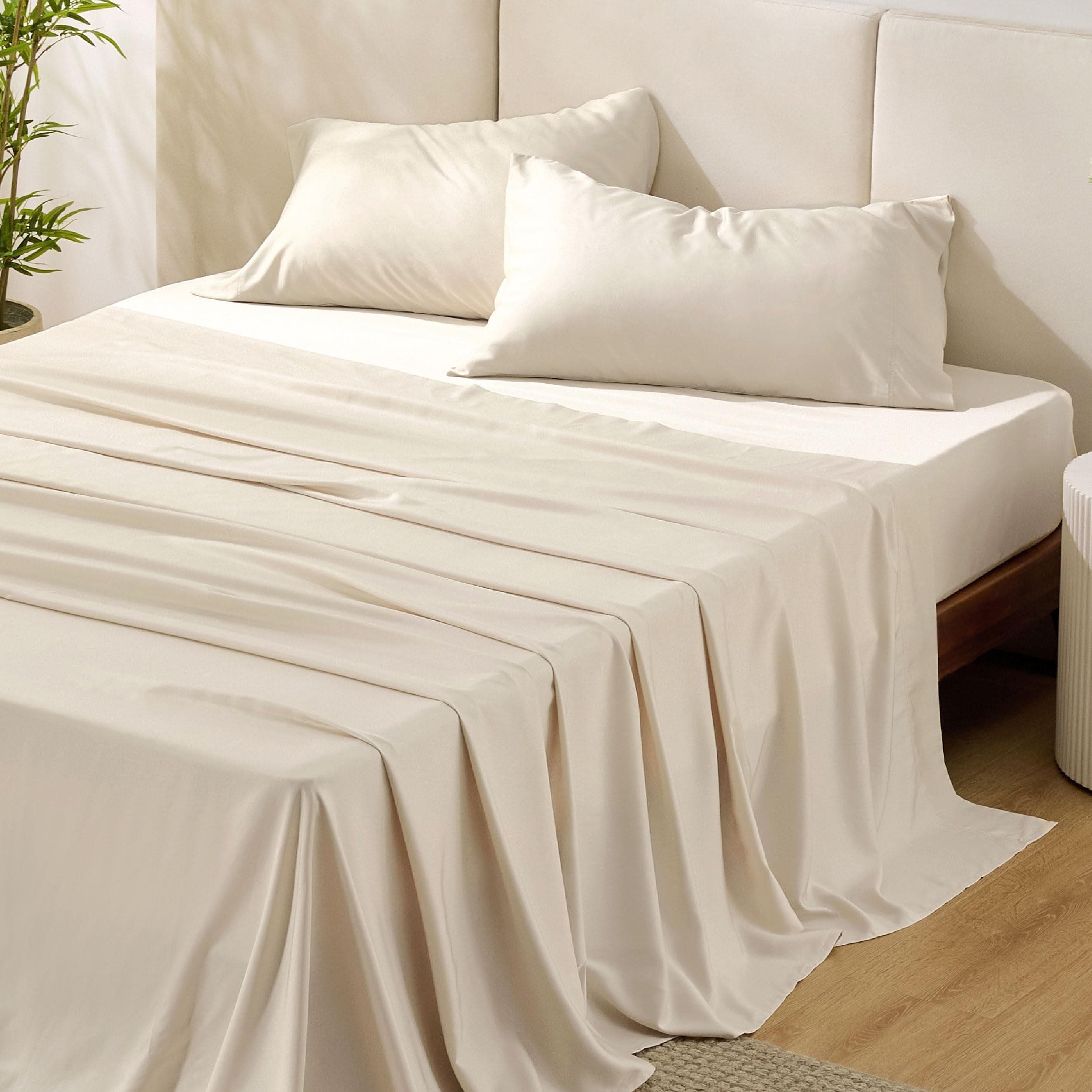 Bedsure Full Size Bed Sheets, Cooling Sheets, Rayon Derived from Bamboo, Breathable & Soft, Deep Pocket Up to 16 Inches, Hotel Luxury Silky Bedding for Hot Sleepers, Light Beige