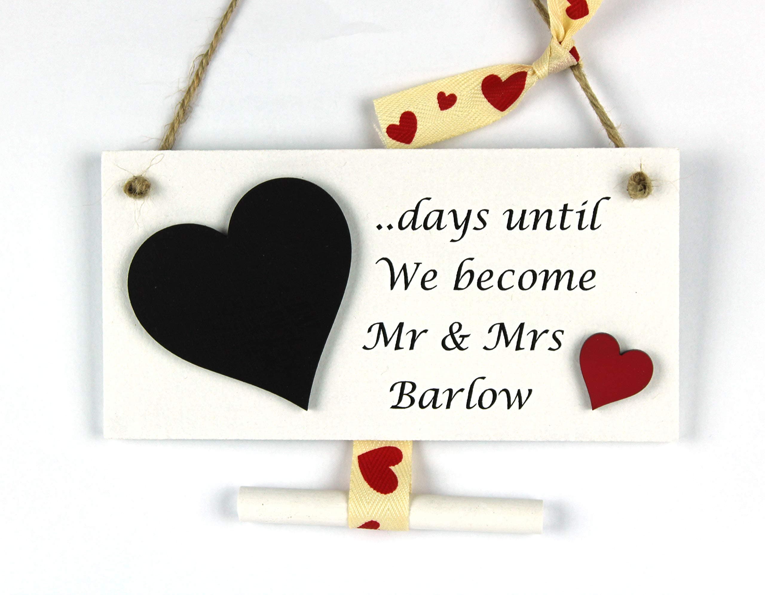 Handmade Personalised Wedding Countdown Plaque with Chalkboard Heart - Engagement Gift '..days until we become Mr & Mrs.....' red heart