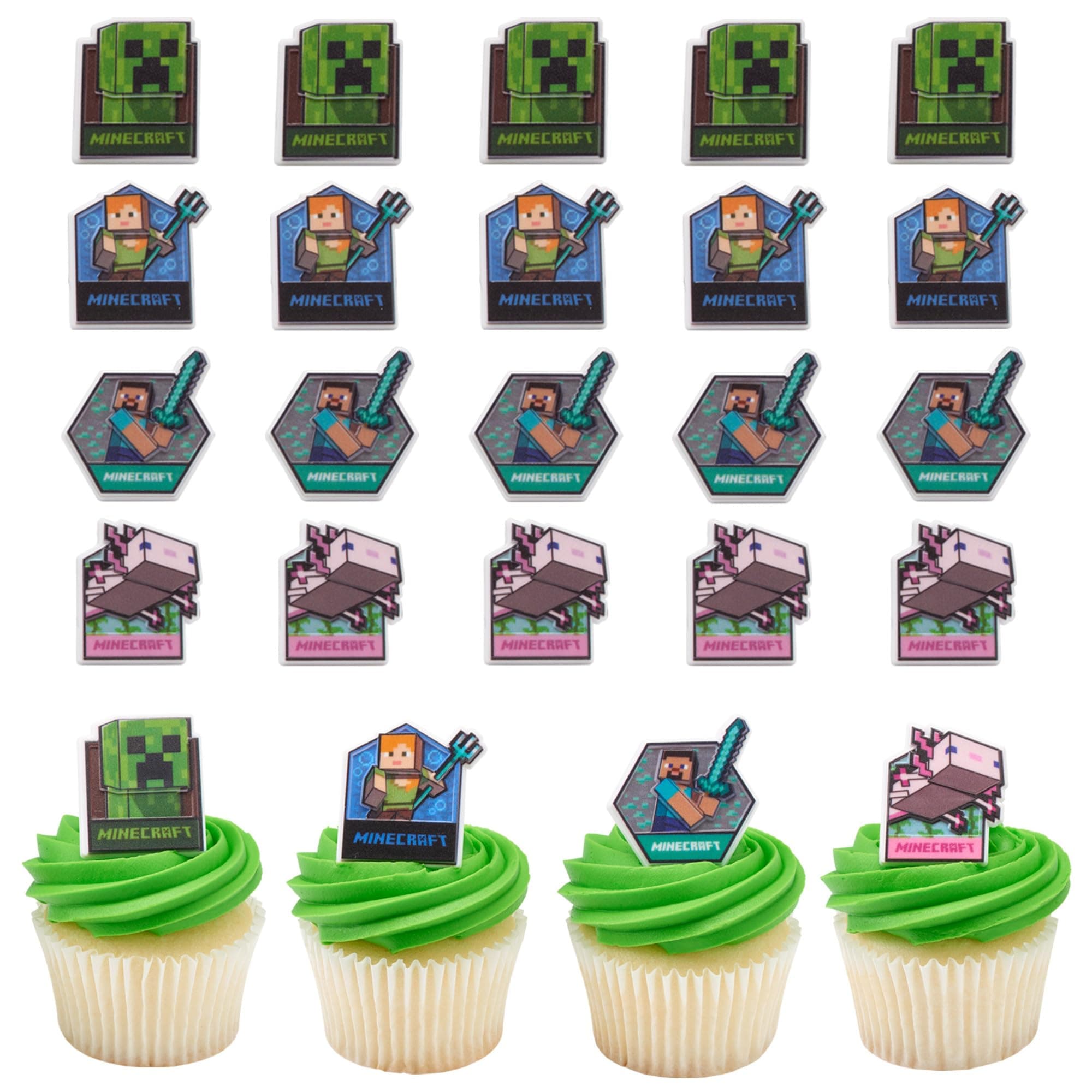 DecoPac Minecraft Lush Finds Rings, Cupcake Decorations Featuring Creeper, Alex, Steve and Axolotl! Multicolored 3D Food Safe Cake Toppers – 24 Pack