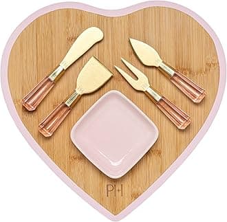 Paris Hilton Charcuterie Board and Serving Set, Bamboo Serving Board, Ceramic Dish, Cheese Utensils with Titanium Coated Blades, 6-Piece Set, Pink