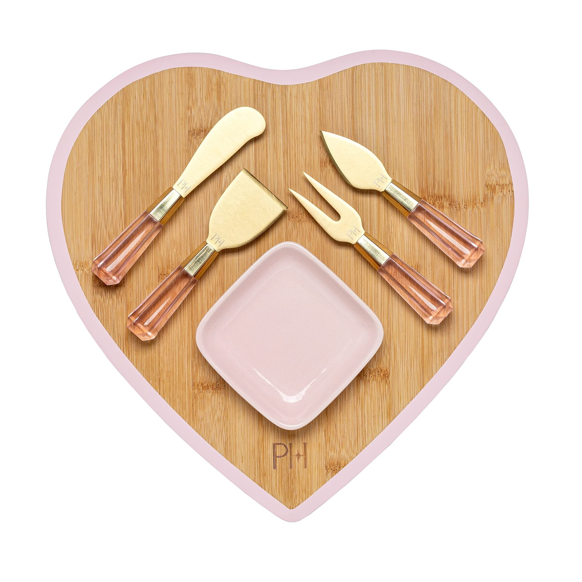 Charcuterie Board and Serving Set, Bamboo Serving Board, Ceramic Dish, Cheese Utensils with Titanium Coated Blades, 6-Piece Set, Pink