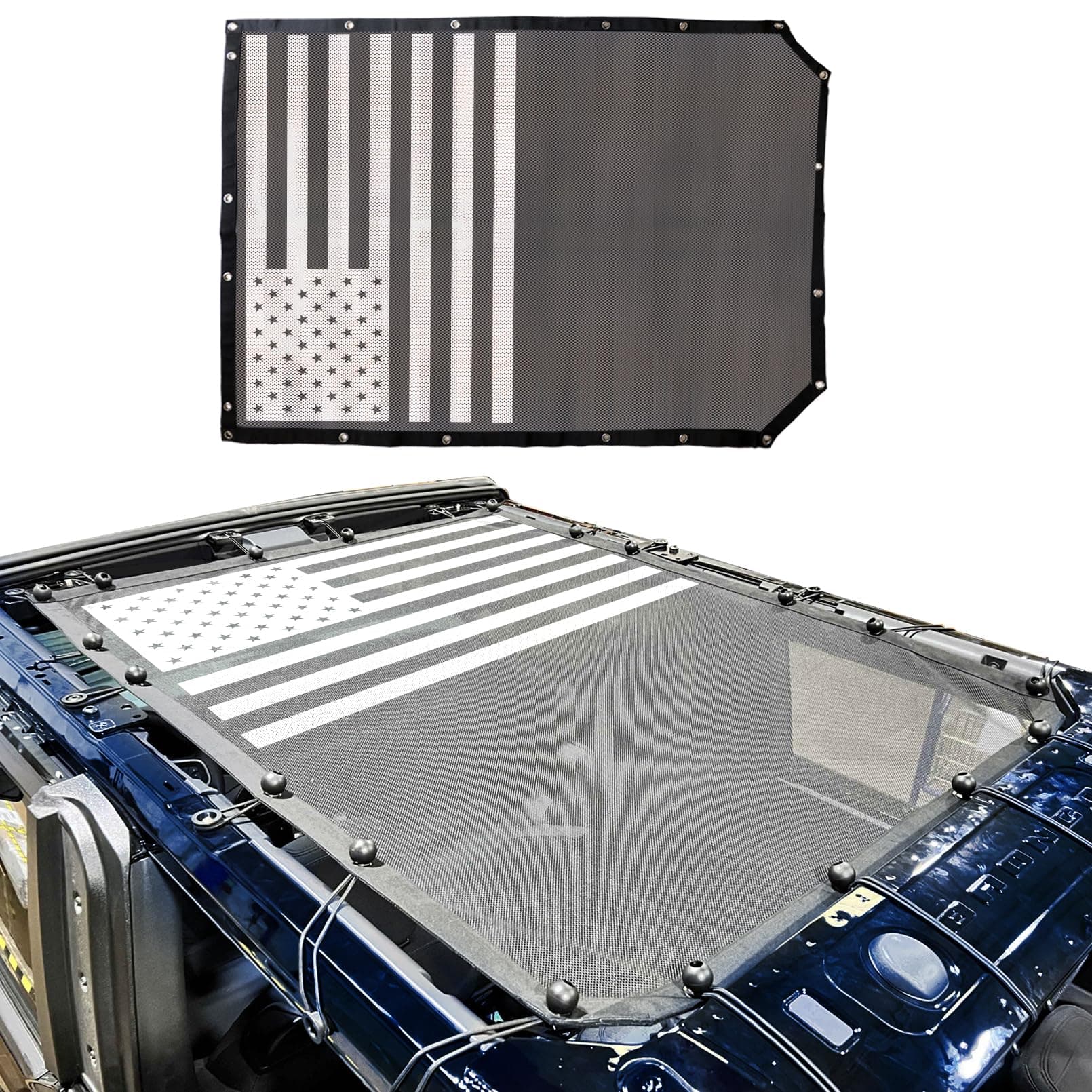 2 Door Sunshade for Ford Bronco,Mesh Sun Shade Bikini Top Cover Bimini Top for Ford Bronco Accessories 2021 2022 2023 2024 2025 2 Door - Blocks UV, Wind, Noise(Flag)