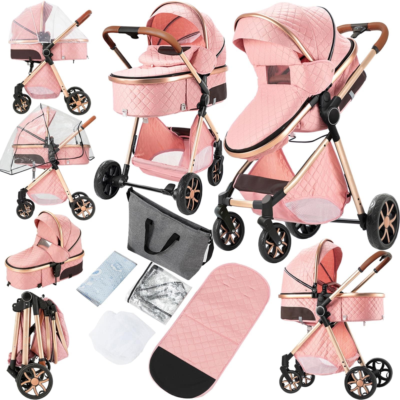 2 in 1 Baby Stroller, Convertible Pram, Reversible Standard Stroller, Portable Baby Buggy, Infant Carriage, Foldable High Landscape Pushchair for Toddler Newborn (225 Pink)