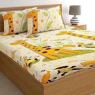 Filymore Giraffe Double Bedsheet for Kids Room Cute Cartoon Printed Bed Cover with 2 Pillow Cover Made with Pure Microfiber (Bedsheet Size 90x90 Inch)(Colour-Cream with Yellow)