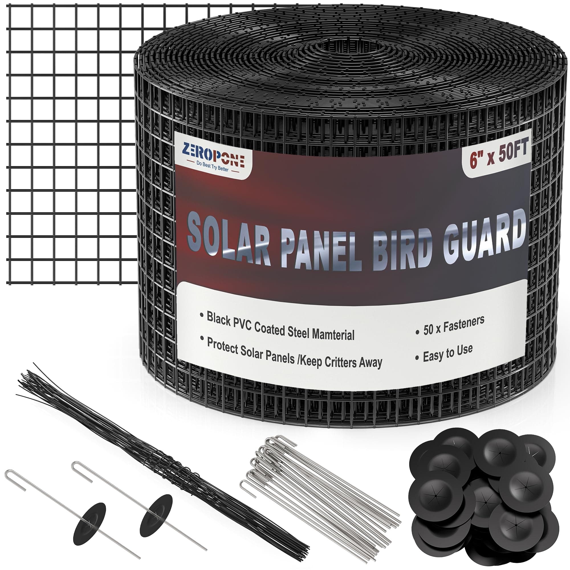 6inch x 50ft Solar Panel Bird Guard, Critter Guard for Solar Panels with 50 Pcs Stainless Steel Fasteners, Removable PVC Coated Pigeon Netting Wire Roll for Squirrel, Bird, Critters Proofing