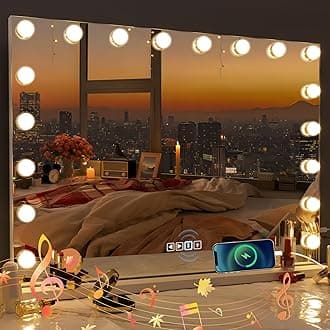 Misavanity Large Vanity Mirror with Lights 31.40’’ x 23.40’’ Tempered Galss Speaker Lighted Hollywood Mirror with 18 LED Dimmable Bulbs 3 Lighting Modes USB Charging Port and 10X Magnification, White