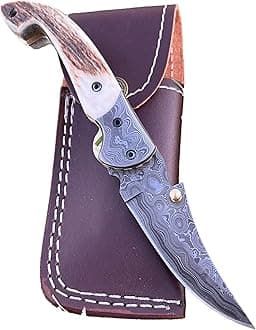 Limited Edition - FNA-32 Custom Handmade Damascus Steel Folding Knife - Beautiful Camel Bone Handle with Damascus Steel Bolsters (Stag Horn)